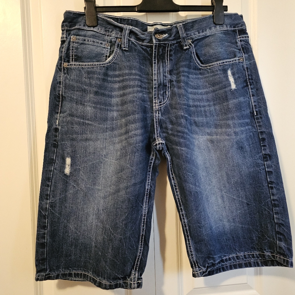 Ecko Unltd Mens Blue Denim Jean Shorts Jorts Relaxed Fit Distressed SZ 36